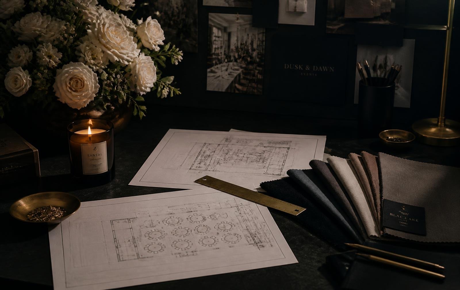 Event designer's dark studio desk with floor plans, fabric samples and ivory florals