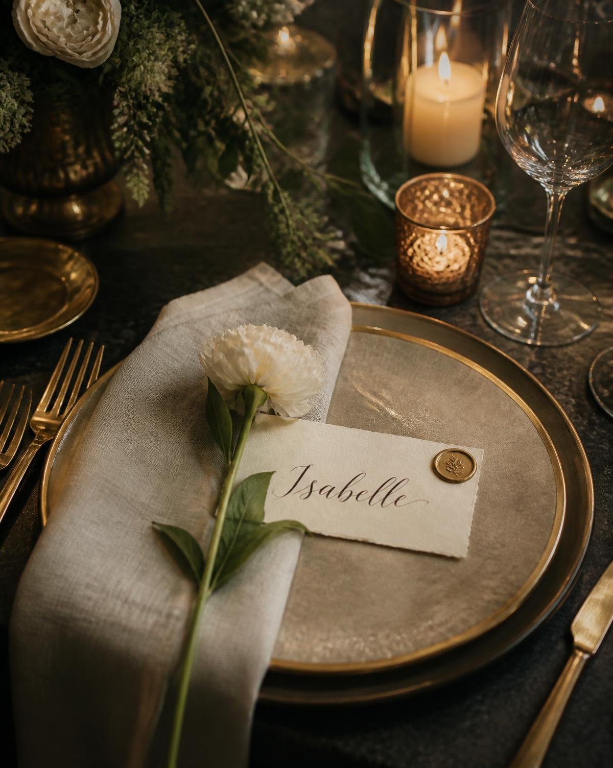 Gold-rimmed charger plate with a calligraphed place card and single ivory bloom