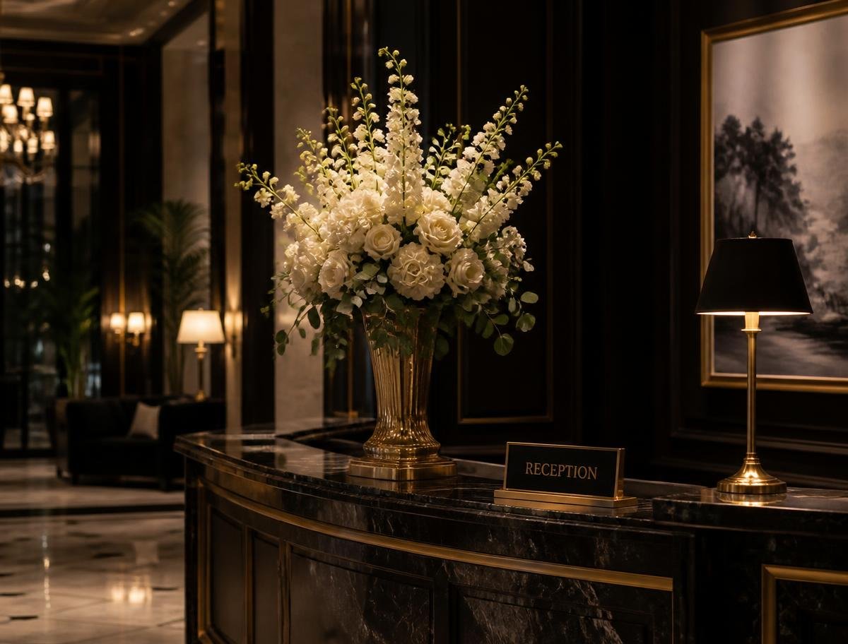 Dark marble hotel reception desk with a tall ivory floral arrangement and brass lamp