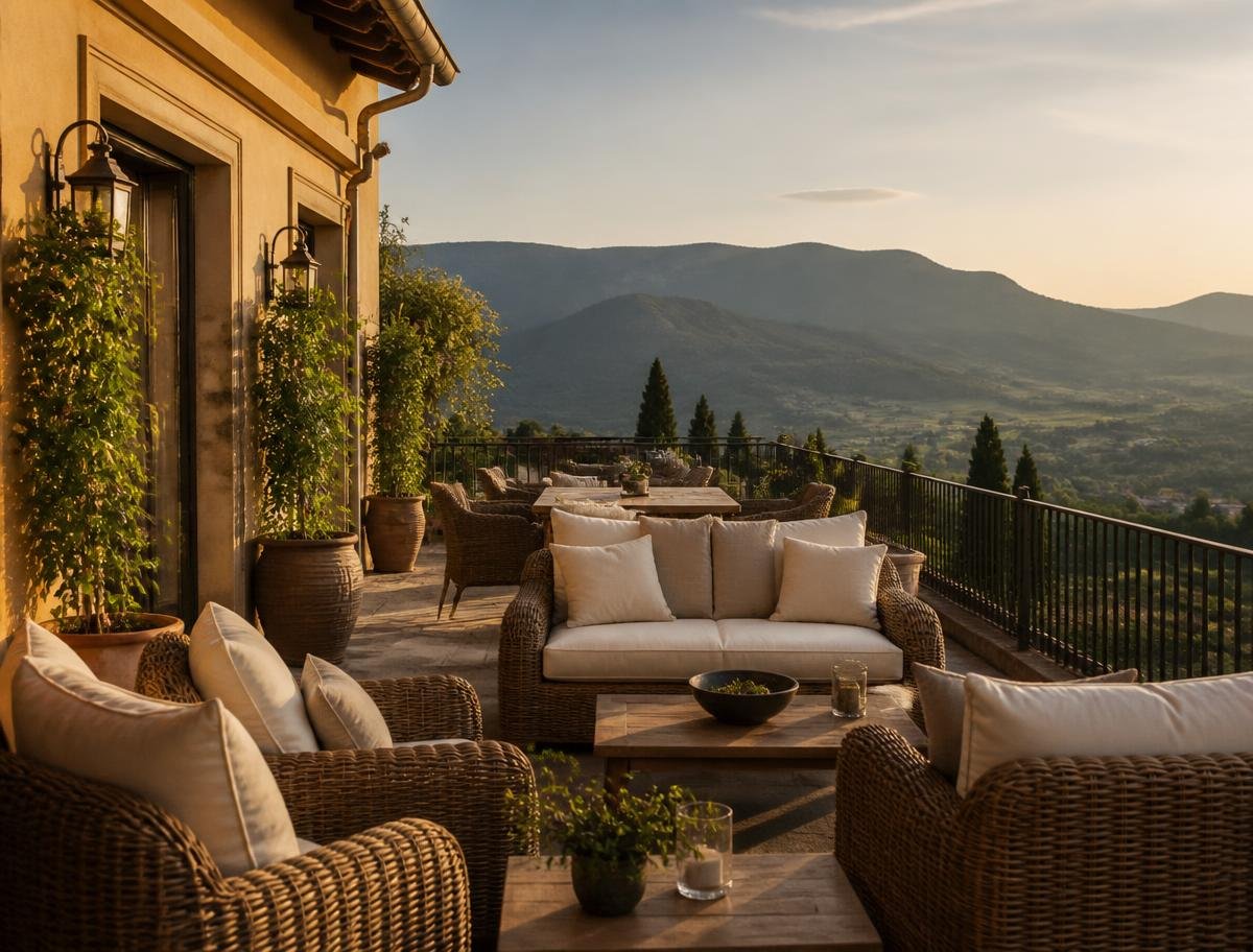 Boutique hotel terrace with rattan lounge seating overlooking a valley at golden hour