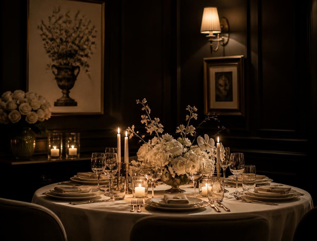 Candlelit round dining table with ivory florals in a dark panelled private dining room