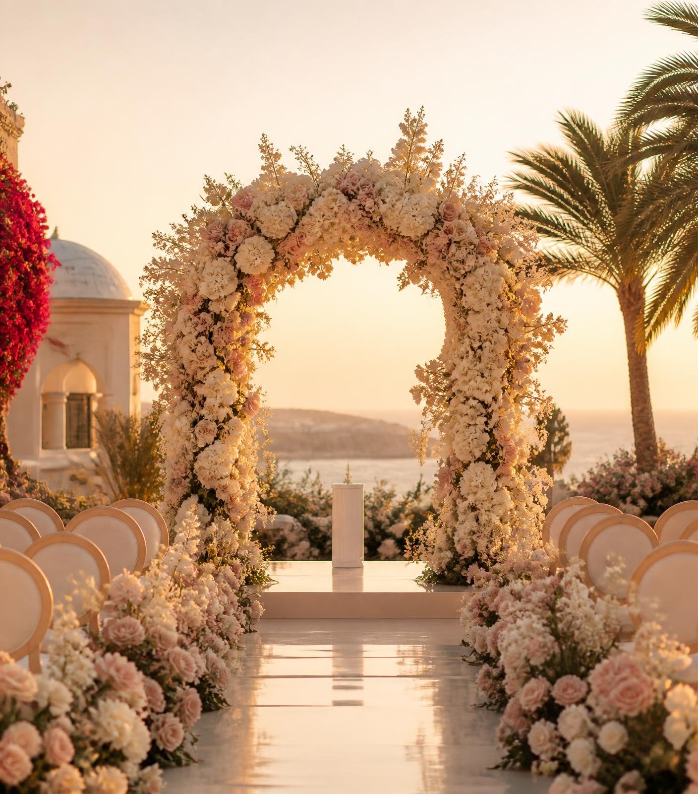 Floral wedding ceremony arch at golden hour overlooking the sea