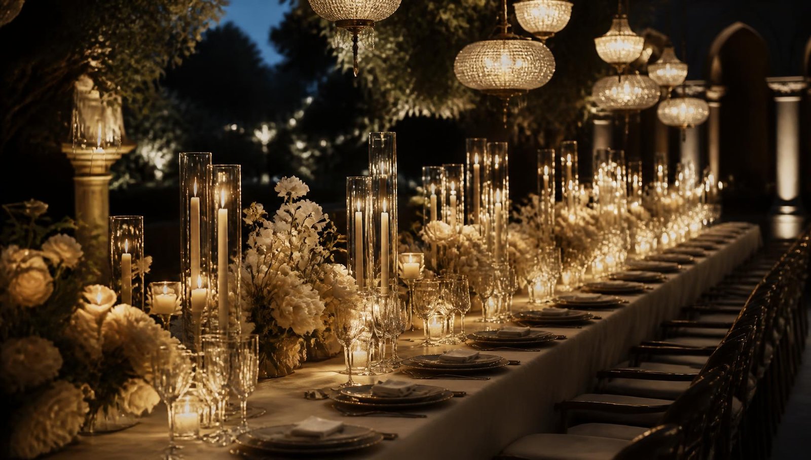 Candlelit banquet table set beneath chandeliers at a luxury evening reception