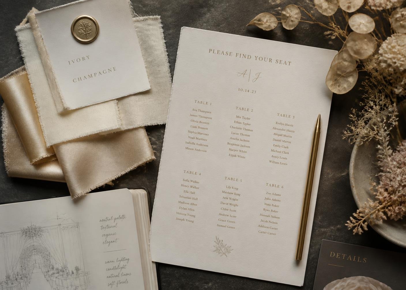 Ivory and champagne fabric swatches, a seating chart and a brass pen on a dark stone surface