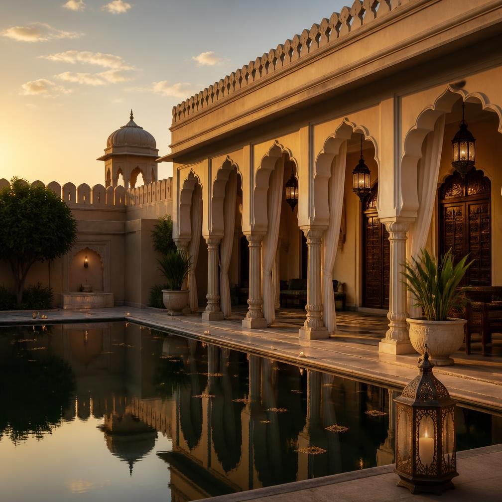 Heritage palace courtyard with arched colonnade reflected in a still pool at golden hour