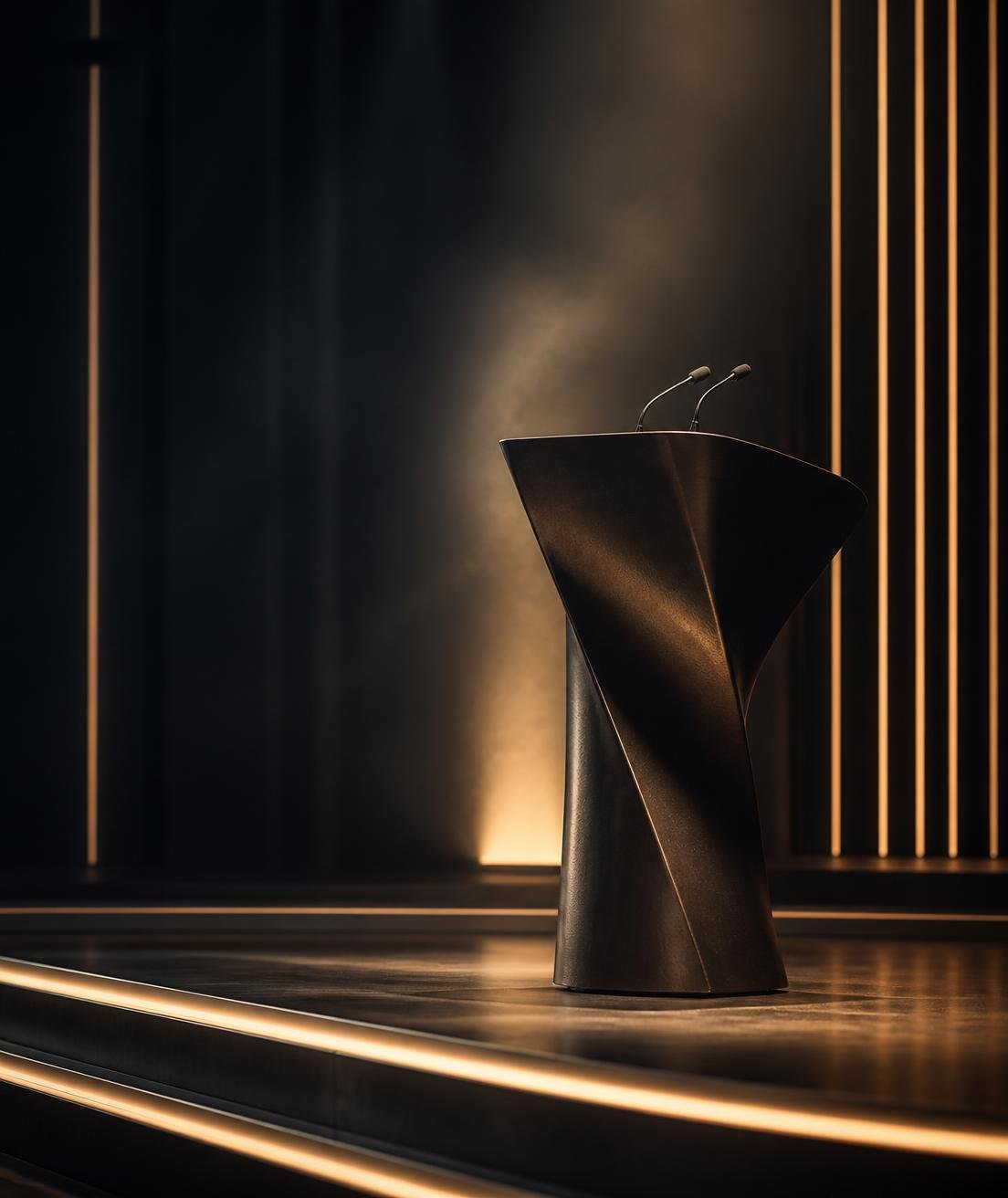 Sculptural lectern on a darkened stage lit with warm linear lighting