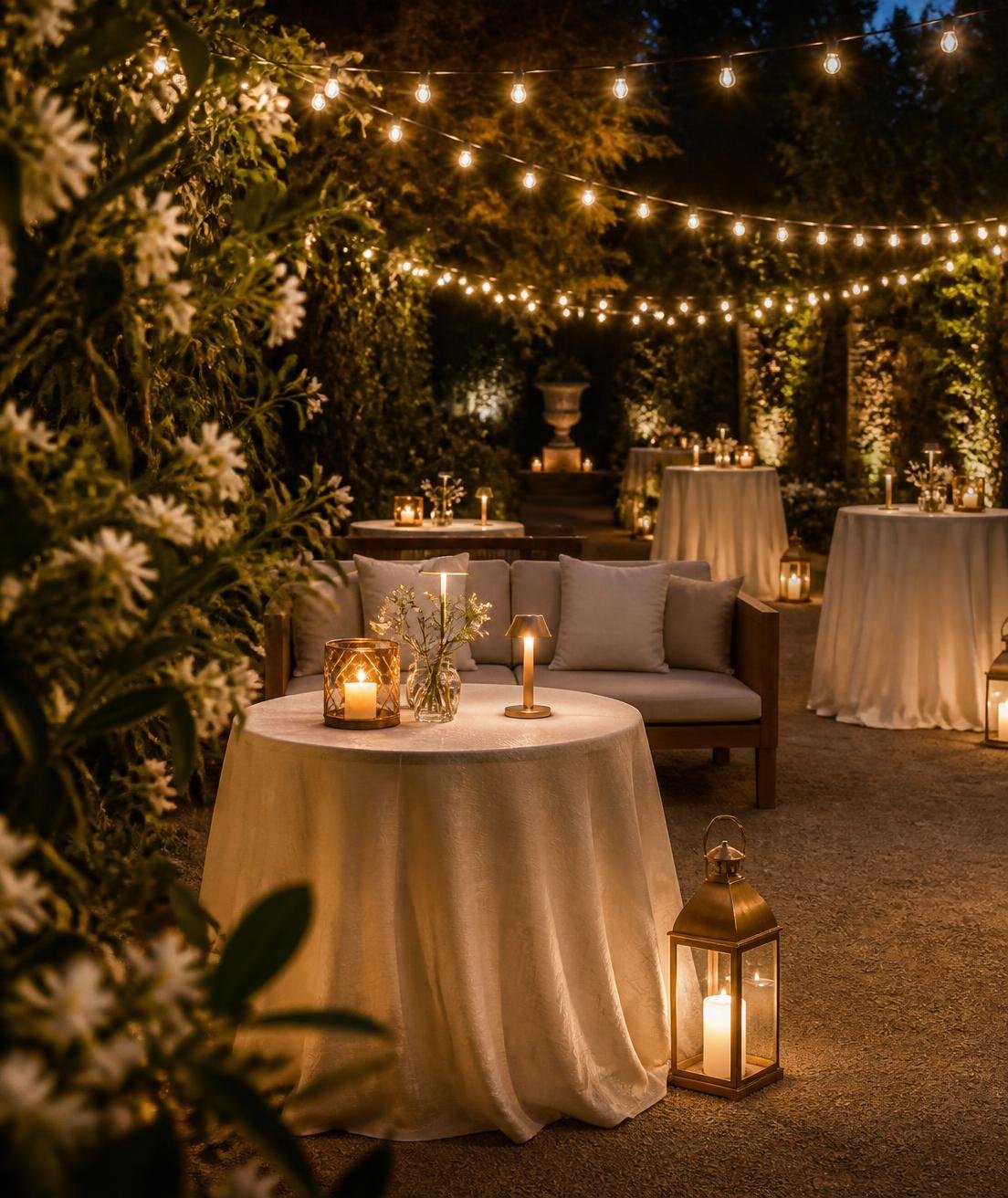 Garden celebration lounge lit by string lights and brass lanterns at twilight